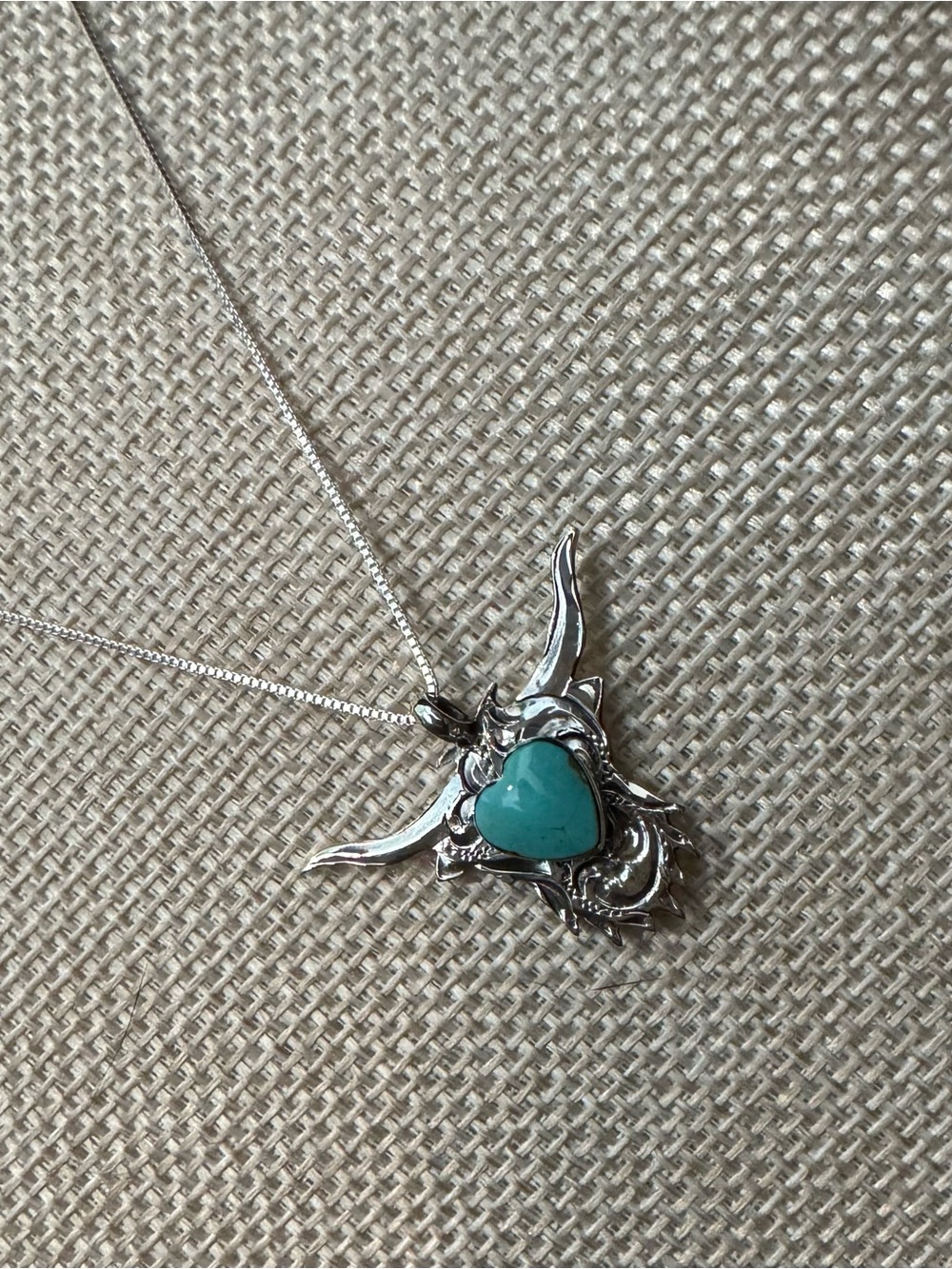 Native American 9.25 Sterling Silver & Turquoise Cow Bull Pendant Necklace
